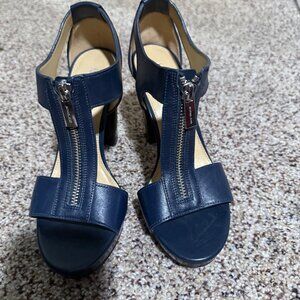 Navy Blue T-strap block-heel sandal by Michael Kors